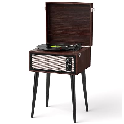 Vintage Standing Vinyl Record Player with Detachable Legs, PC Recording, 3-Speed Belt Driven Bluetooth Turntable Built-in Stereo Speakers Use as Stand or Tabletop Player, Home Decor, Espresso