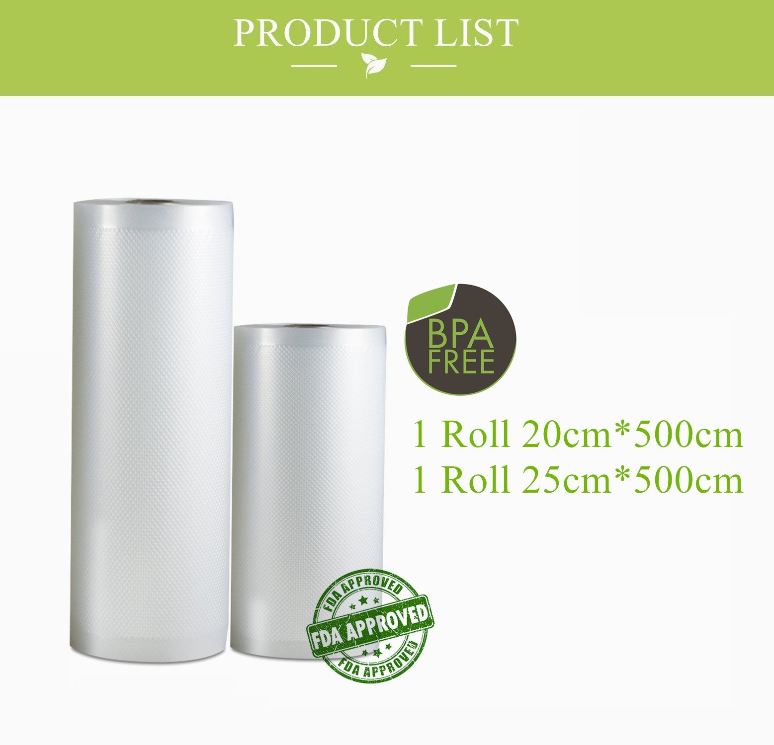 Bolsas de envasado al vacío, Padi Home Rollos de envasar al vacio, Pack de rollos de bolsas para envasadoras al vacío, 1 Roll 20x500 y 1 Roll 25x500cm, libre de BPA, Aprobado por la FDA