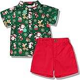 JEELLIGULAR Kids Toddler Baby Boy Christmas Clothes Santa Print Button Down Shirt Shorts Set Gentlemen Outfits