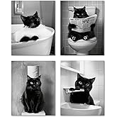 DEQSX Funny Bathing Newspaper Toothbrush Black Cat Bathroom Wall Art Prints Set of 4, Cat Lover Gifts, Vintage Cute Kitten Posters Pictures Wall Decor for Bathroom Washroom Restroom, 8x10 Unframed