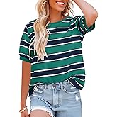 Womens Tops Cotton Casual Color Block Striped Short Sleeve Shirts Crewneck T Shirts Loose Basic Tee Blouses