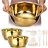 Baderke 7 Psc Gold Mixing Bowls Set 13.4 Inches 8 Qt Large Stainless Steel Prep Bowl with Spatula Basting Brush Egg Whisk &10 Measuring Spoons for Baking Kitchen Mixing Serving Storage