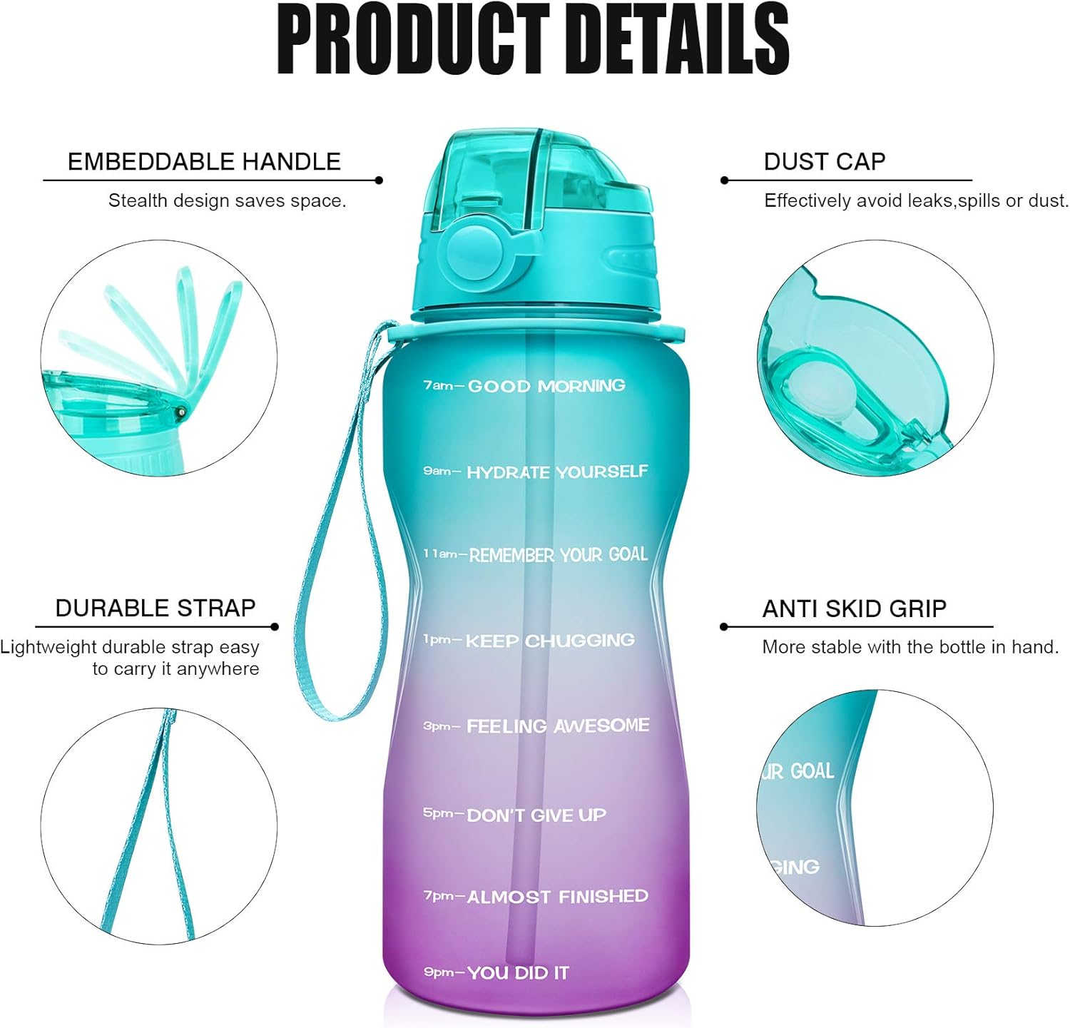 Giotto Half Gallon Motivational Water Bottle with Time Marker & Straw, Leakproof Tritan BPA Free Water Jug, Ensure You Drink Enough Water Daily for Fitness, Gym and Outdoor-Green/Purple Gradient : Sports & Outdoors