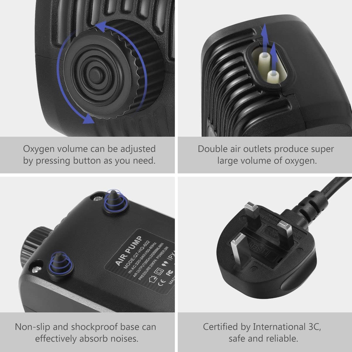 Aquarium Air Pump Double Outlets Adjustable Fish Tank Oxygen Pump with Accessories Air Stone Check Valve and Tube, 2x 2.5L/min - Image 4