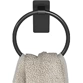 STWWO Hand Towel Holder for Bathroom, Adhesive Round Towel Ring, Black | for Bath RV Kitchen, Self Adhesive No Drill Hole, Easy to Install