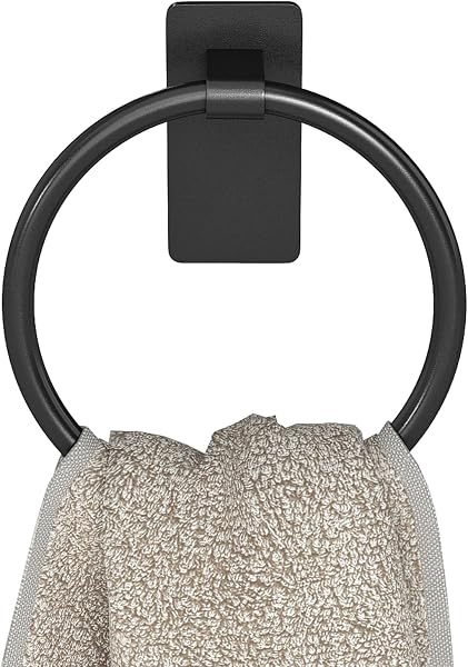 STWWO Hand Towel Holder for Bathroom, Adhesive Round Towel Ring, Black | for Bath RV Kitchen, Self Adhesive No Drill Hole, Ea