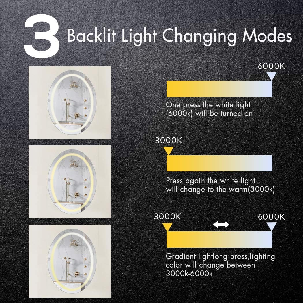 LUVODI LED Lighted Bathroom Mirror: 500x700mm Oval Makeup Mirror with Dimmable LED Light Anti-Fog Smart Touch Sensor Memory Function Wall Vanity Shaving Mirror - Image 5