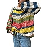 Milumia Women's Rainbow Striped Crochet Sweater Fall Long Sleeve Oversized Pullover Knit Tops