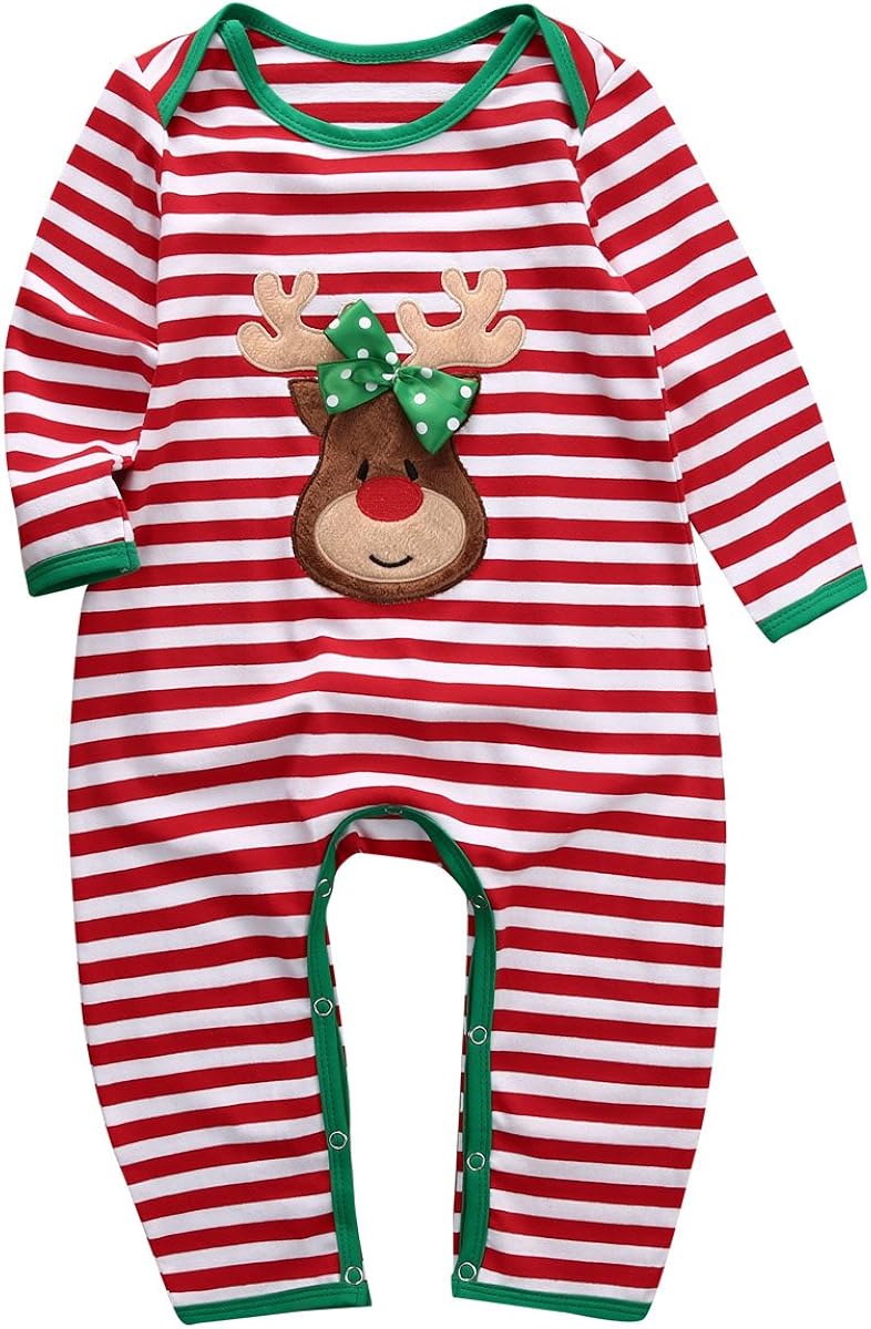 Baby Boys Girls Long Sleeve Christmas Striped Red Nose Reindeer Romper Jumpsuit