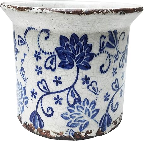old world ceramic blue and white flower pattern round planters or garden pots flared lip floral 6 25 inches tall
