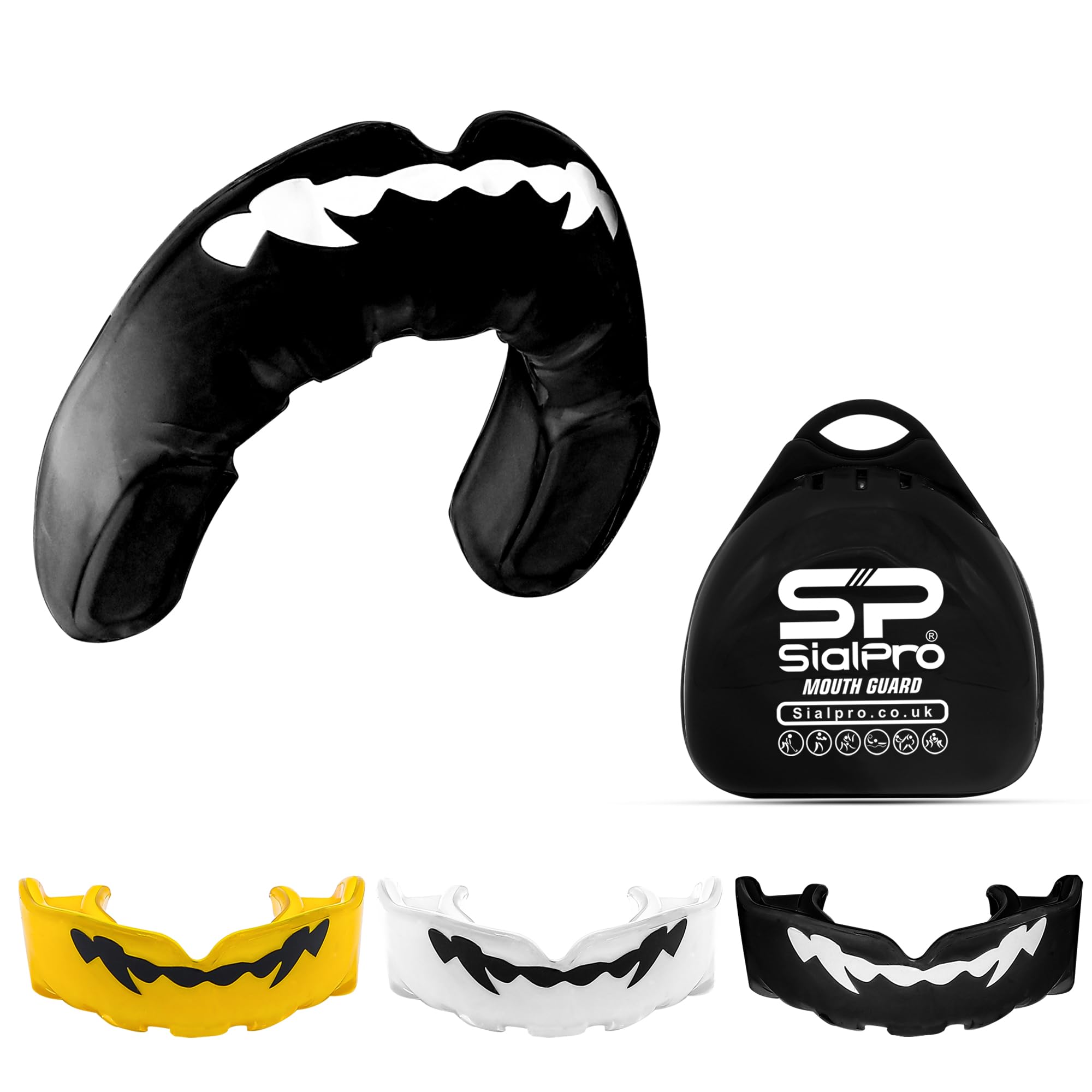 SialPro Mouthguards for Boxing Men Adult Youth Junior Mouldable Slim Fit Mouthpiece Boil and Bite Gum Shield with Case MMA Hockey Rughby Basketball Martial Arts Judo Karate (Black, Senior)