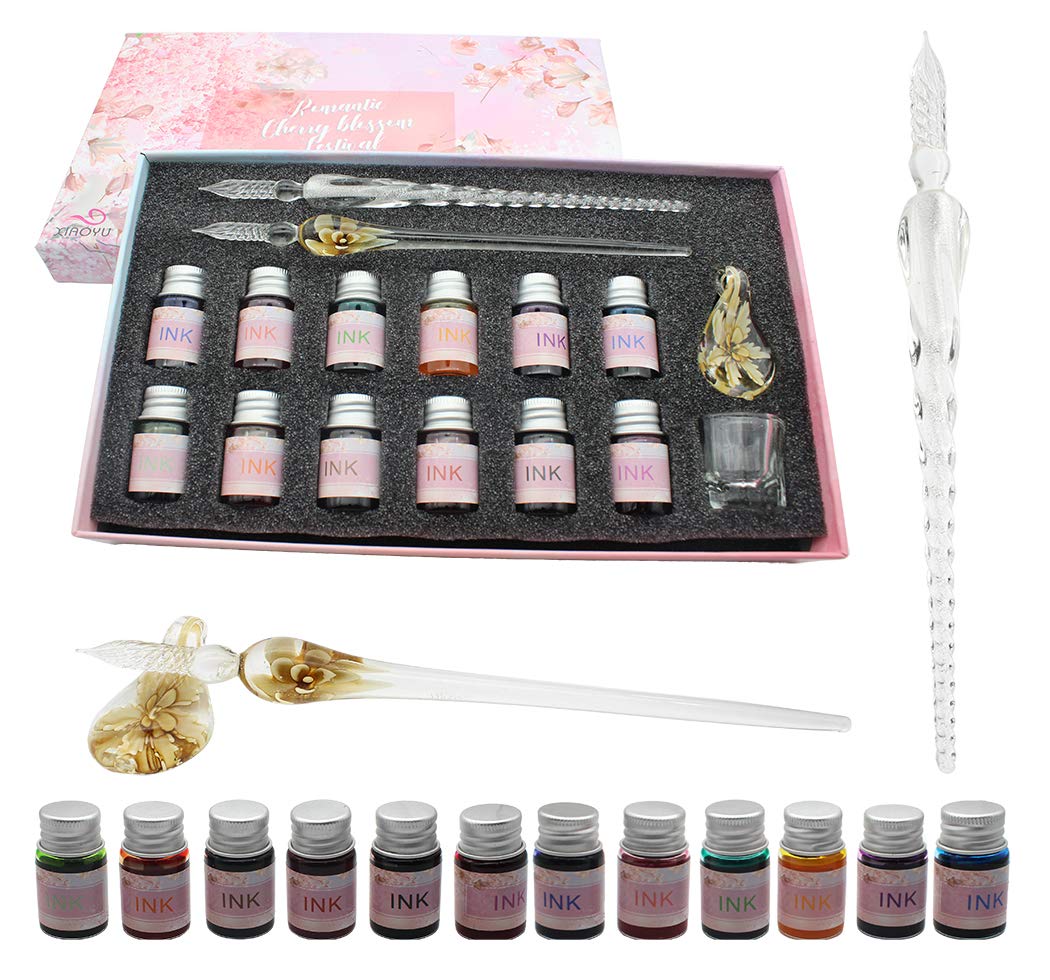 XIAOYU Glass Dip Pen Ink Set, 16 Pieces Calligraphy Pens Set - 12 Colorful Inks, Pen Holder, Cleaning Cup, 2 Crystal Glass Pens for Art, Writing, Drawing, Signature - Yellow