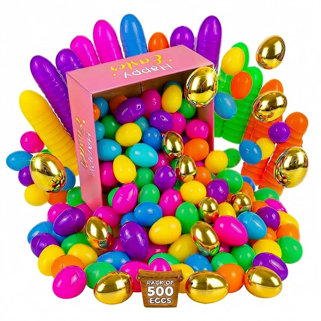 500 Pack Fillable Plastic Easter Eggs Bulk Include 12 Surprise Golden Eggs, 2.4 Inch Bright Color Empty Easter Eggs for Easter Hunts, Basket Stuffers Fillers, Easter Party Favors Classroom Prize
