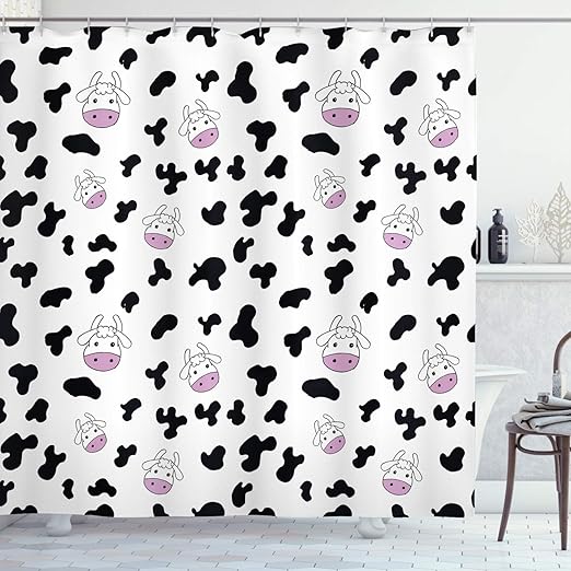 Amazon Com Ambesonne Cow Print Shower Curtain Animal Cow Hide Pattern Doodle Cartoon Children Drawing Farming Husbandry Cloth Fabric Bathroom Decor Set With Hooks 70 Long Black White Lilac Home Kitchen