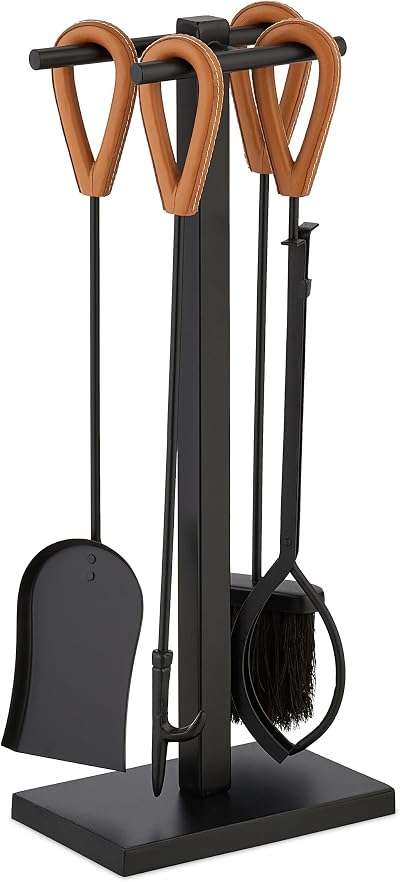 Relaxdays 5pc Fireplace Tool Set Black Metal Stand Ash Shovel Broom Tongs