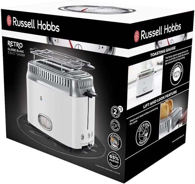 Amazon De Russell Hobbs Toaster Retro Weiss Countdown Anzeige Im Retrodesign Inkl Brotchenaufsatz 6 Einstellbare Braunungsstufen Auftau Aufwarmfunktion Schnell Toast Technologie 1300w Vintage 21683 56