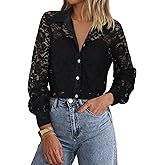 Angashion Women Dressy Casual Tops Long Sleeve Lace Button Up Shirts V Neck Trendy Tunic Loose Blouses