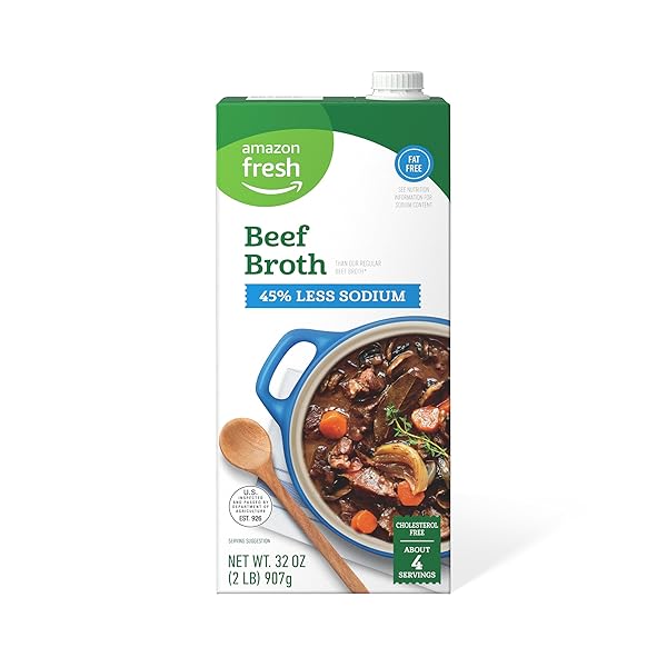 AMAZON FRESH, 45% LESS SODIUM BEEF BROTH, CARTON, 32 OZ
