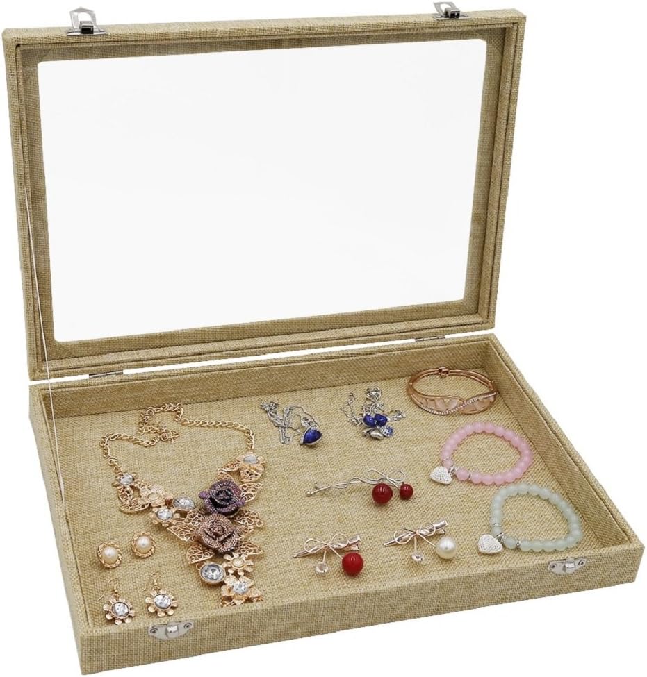 Wuligirl Clear Lid Linen Multifunction Jewelry Organizer Storage Tray Display Necklace Rings Earrings Watch Bracelets Sackcloth Box Case Showcase (Empty Jewelry Box)