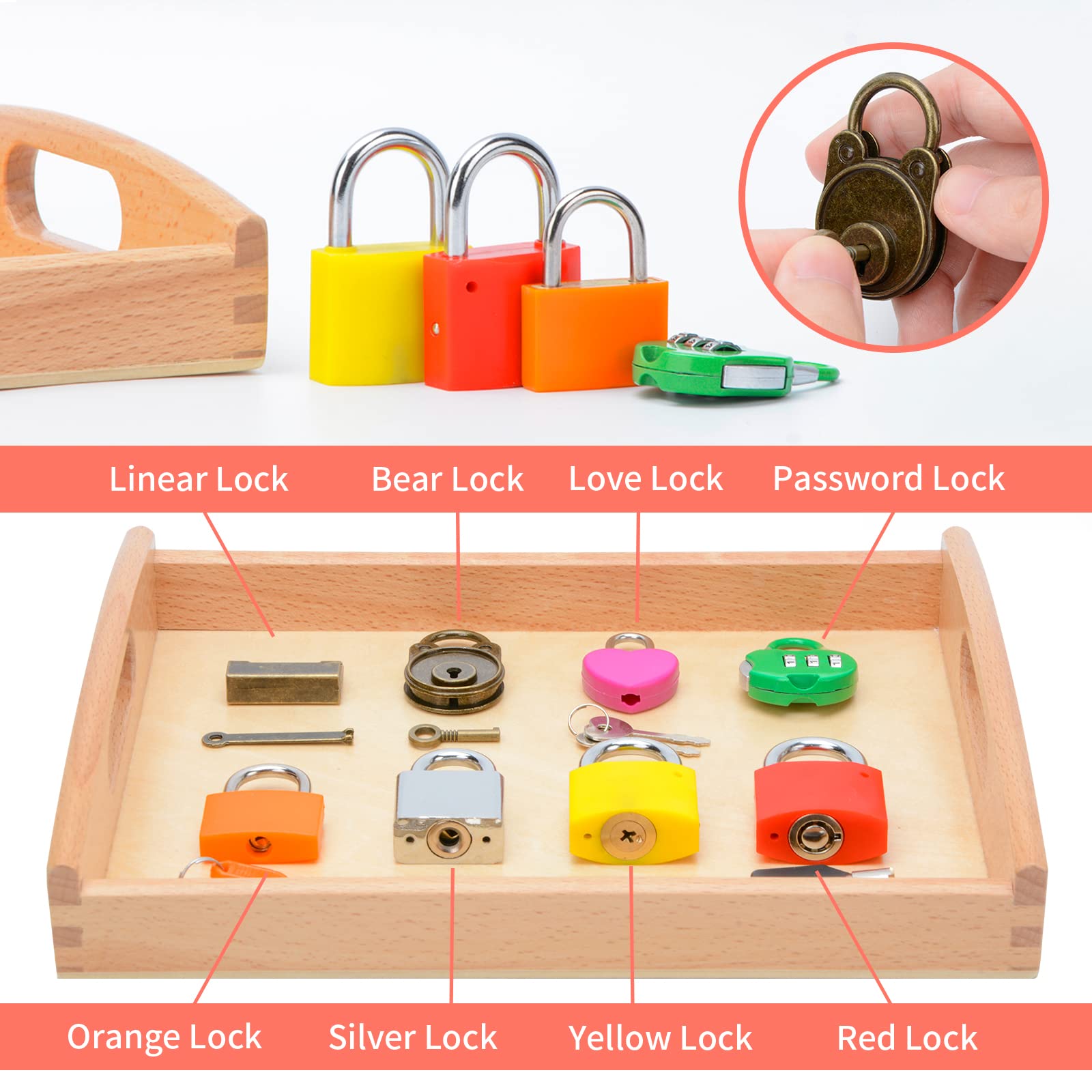 Montessori Lock and Key Set for Toddlers, Homeschool Preschool Learning Activities, Wooden Montessori Materials Learning & Education Toys for 3+ Year Old Kids