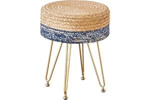 Wimarsbon Pouf Ottoman Handmade Natural Water Hyacinth Footrest with 4 Metal Legs Round Vanity Stool for Bedroom, Hallway, Living Room (Natural Water Hyacinth & Blue Corn Husk + Gold Legs)