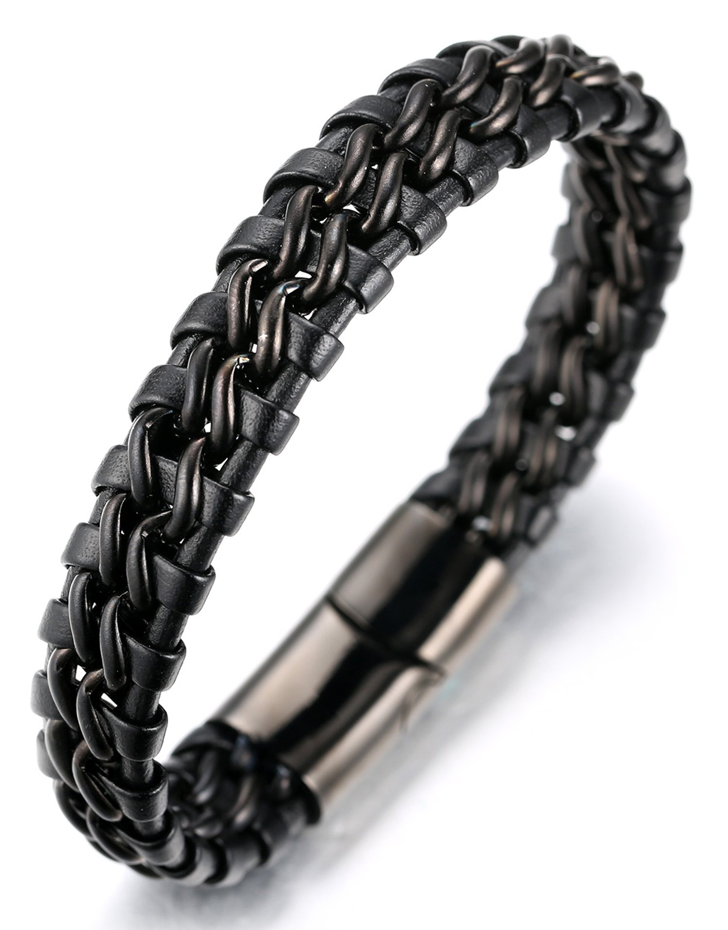 HALUKAKAH ● Solo ● Men's Genuine Leather Titanium Bracelet Gun Black 8.46"(21.5cm) with Free Giftbox