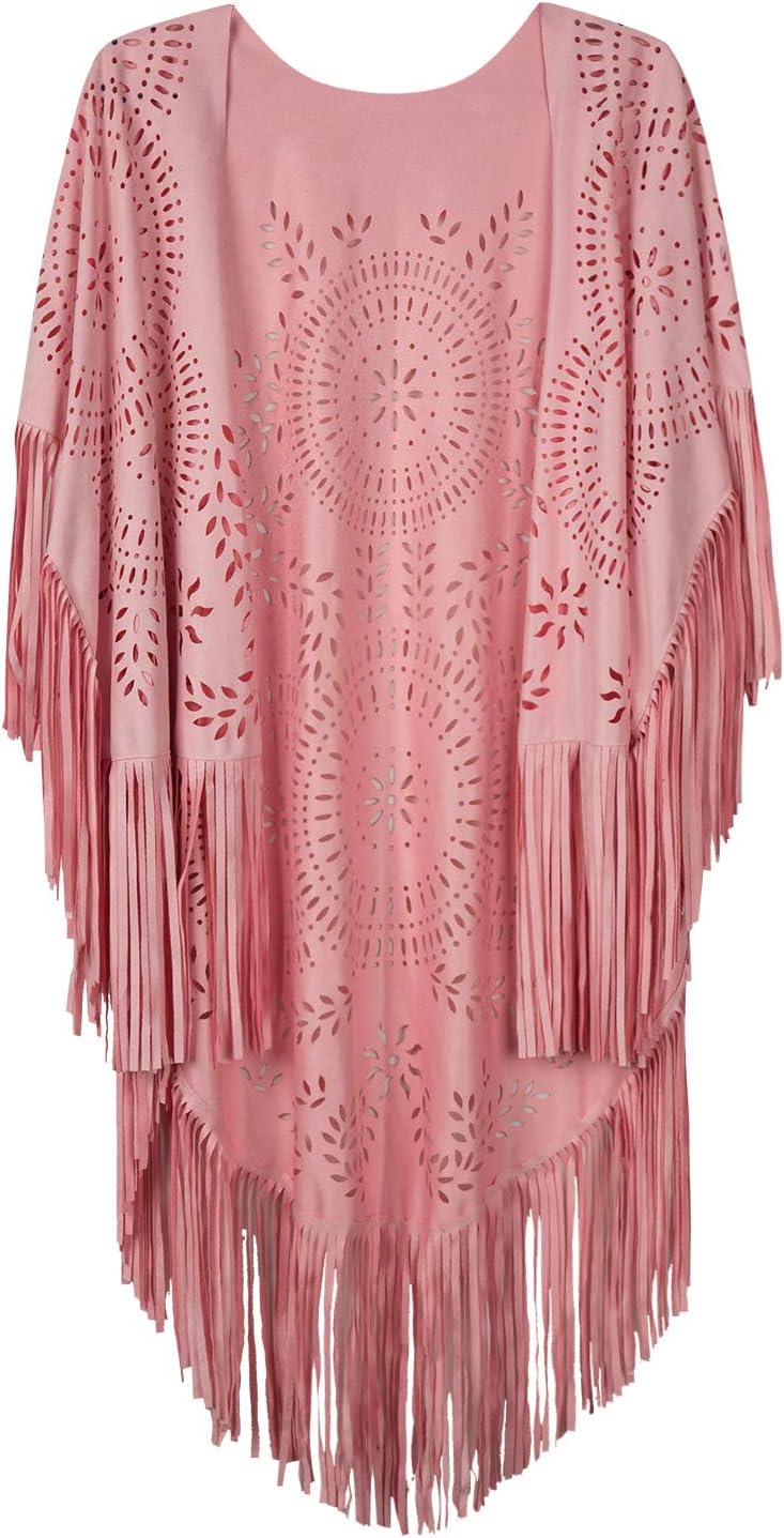 Women's Faux Suede Kimono Cape Fringed Asymmetric Cover up Shawl