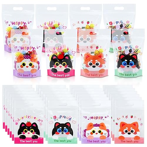 50 PCS Sweet Bags Ziplock Gift Bag for Kids Party Cookie Bag 23x15cm Cellophane Bags for Packaging Baking,Candy,Cookie Wrapping Birthday Gender Reveal Wedding Party Supplies (Cat＆Dog)