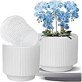 MUZHI 2Pack Ceramic Orchid Plant Pot with Drainage Tray White6”, Clear Orchid Net Baskets Pots w/t Holes Indoor Outdoor Flowe