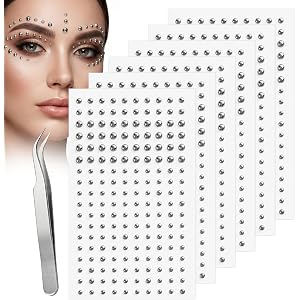 Wanmu 6 Sheets Fake Piercings Set Silver Face Gems Stick on Ears Nose Lip Stud Self-Adhesive Faux Eyebrow Jewels Stickers for