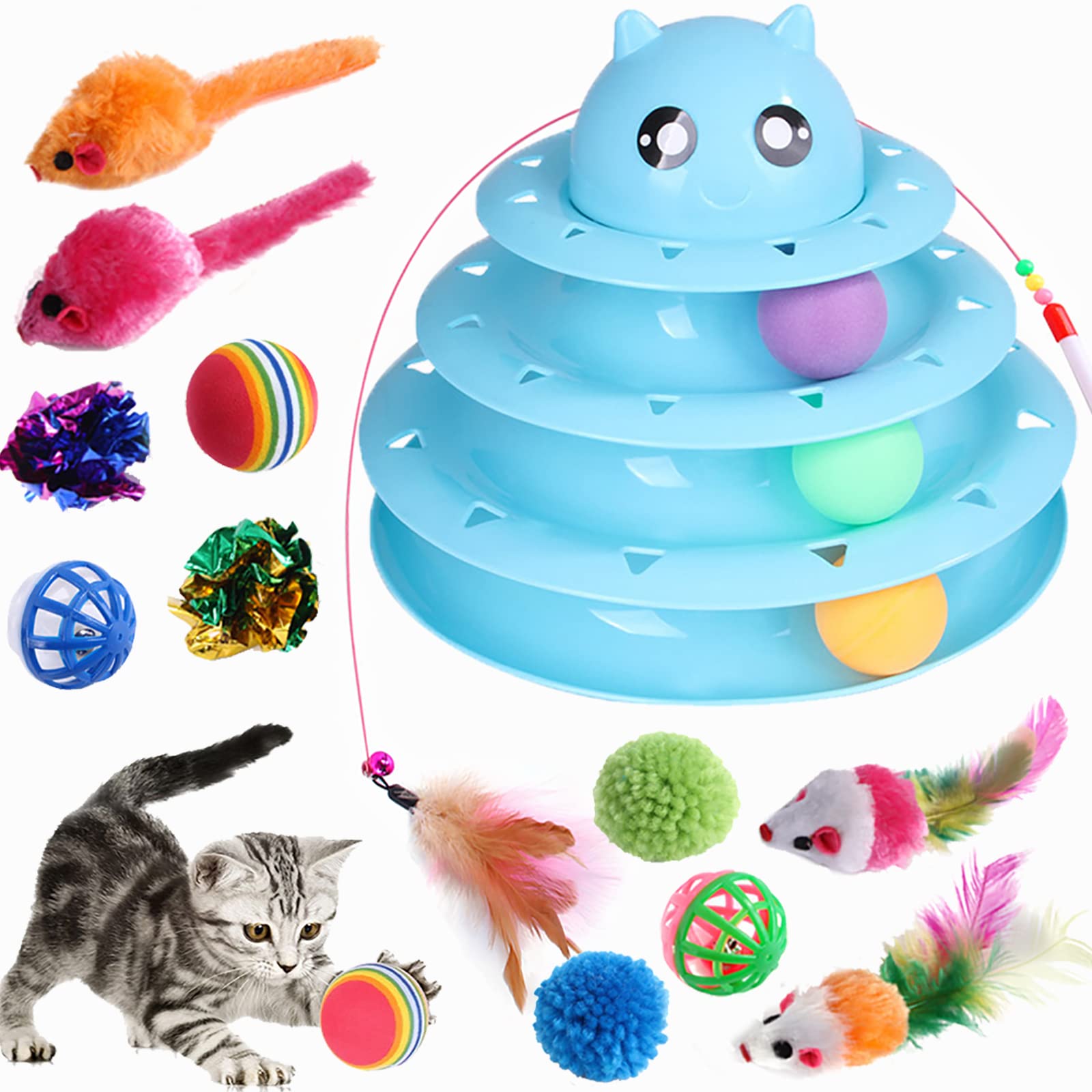 Wefine 14 PCS Indoor Cat Toys - Interactive 3 Level Track With Colorful Balls, Feather Wand, and Roller Exerciser for Kittens and Cats
