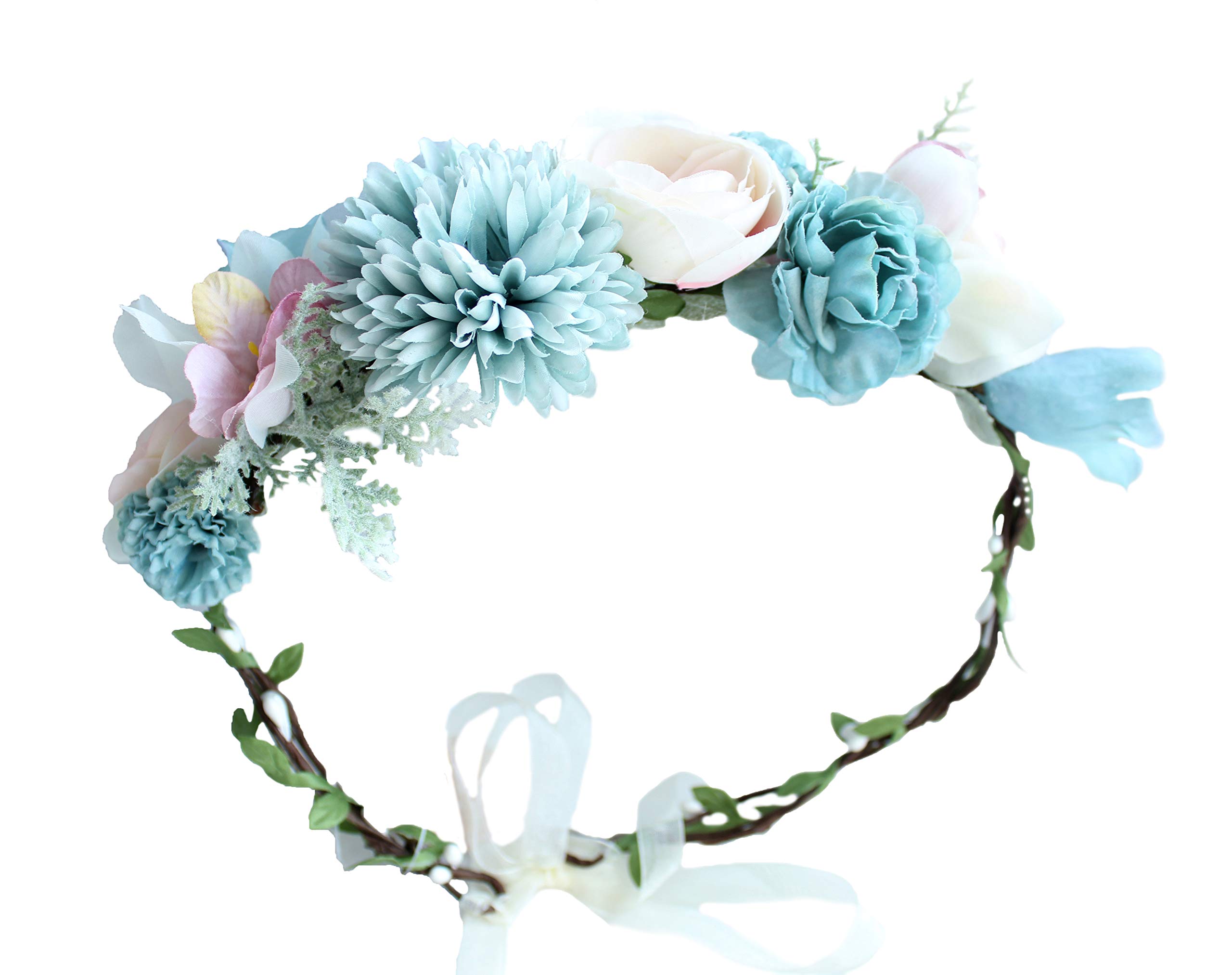 Brikuinr Boho Flower Crown Floral Headband Garland Hair Wreath Hair Garland Flower Halo Floral Headpiece with Ribbon Wedding Party Festival Blue