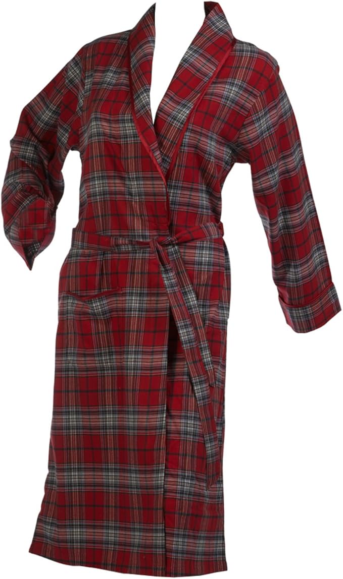 Ladies Combed Cotton Tartan Check Dressing Gown Satin Style Trim Womens Bath Robe Red (Extra