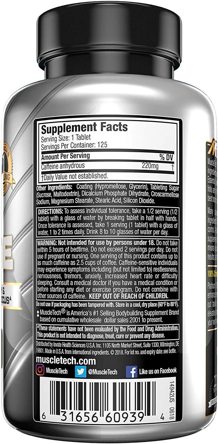 Muscletech Platinum 100% Caffeine Pill, Unflavored, 125 Count: Health & Personal Care