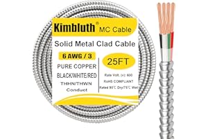 KIMBLUTH 6/3 Metal Clad (MC) Cable with Ground 25ft, 6 Gauge Electric Wire with Aluminum Armor, Solid Bare Copper Conductors for Indoor Outdoor Underground Embedded Installation (6/3, 25 ft)
