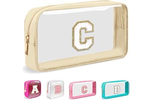 IQIMOTT Small Clear Personalized Initial Makeup Bag,Nylon Preppy A-Z Chenille Letter Patch Cosmetic Pouch Beach Toiletry Bag,Waterproof Zipper Travel Purse Storage Bag Organizer for Women Girls(Beige-White C)