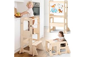 Woodure 4-in-1 Toddler Kitchen Step Stool, Foldable Learning Standing Tower with Whiteboard, Wooden Kitchen Stool Helper for Kids, 1-3 Year Old Boy Girl Gifts