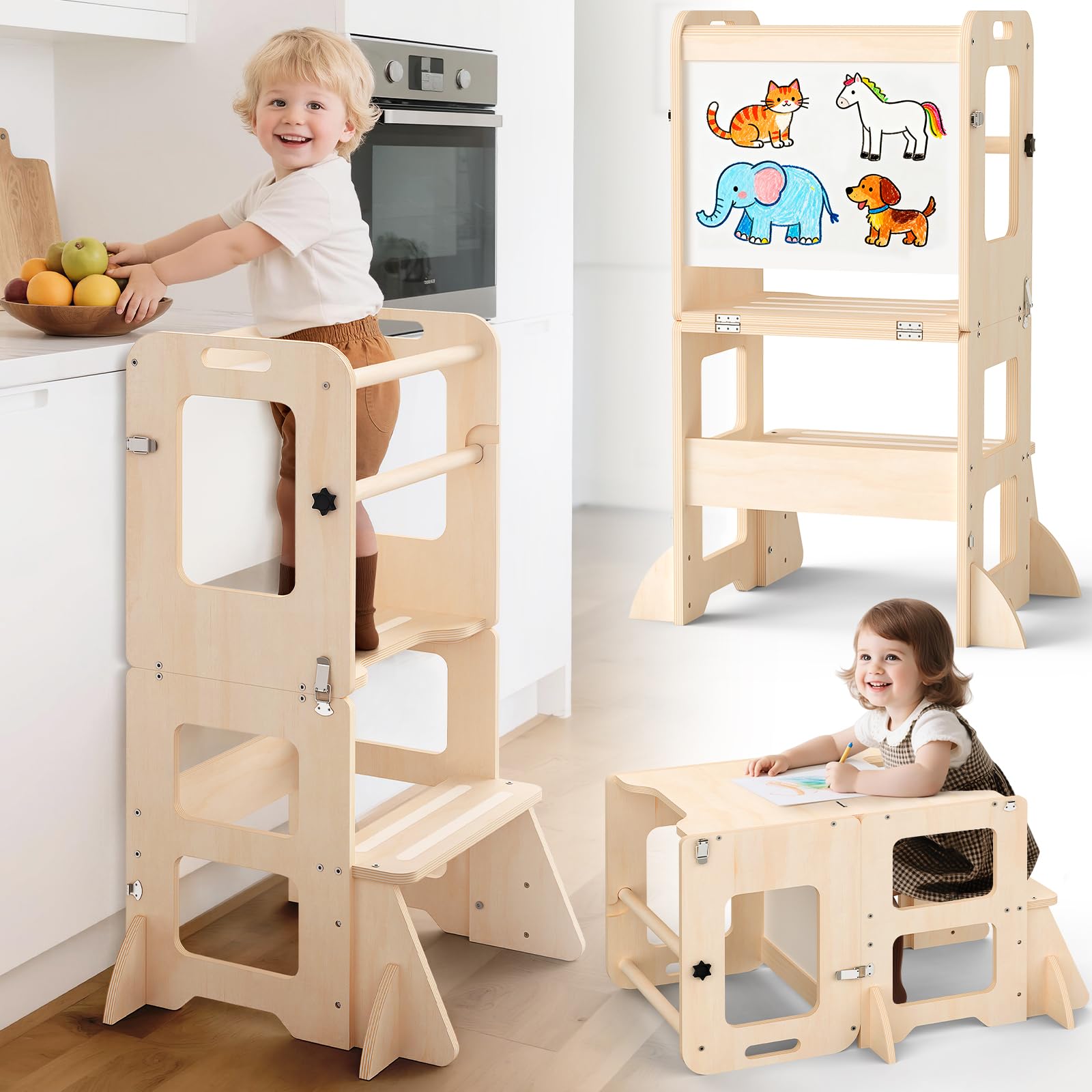 Photo 1 of **INCOMPLETE** Woodure 4-in-1 Toddler Kitchen Step Stool, Foldable Learning Standing Tower with Whiteboard, Wooden Kitchen Stool Helper for Kids, 1-3 Year Old Boy Girl Gifts