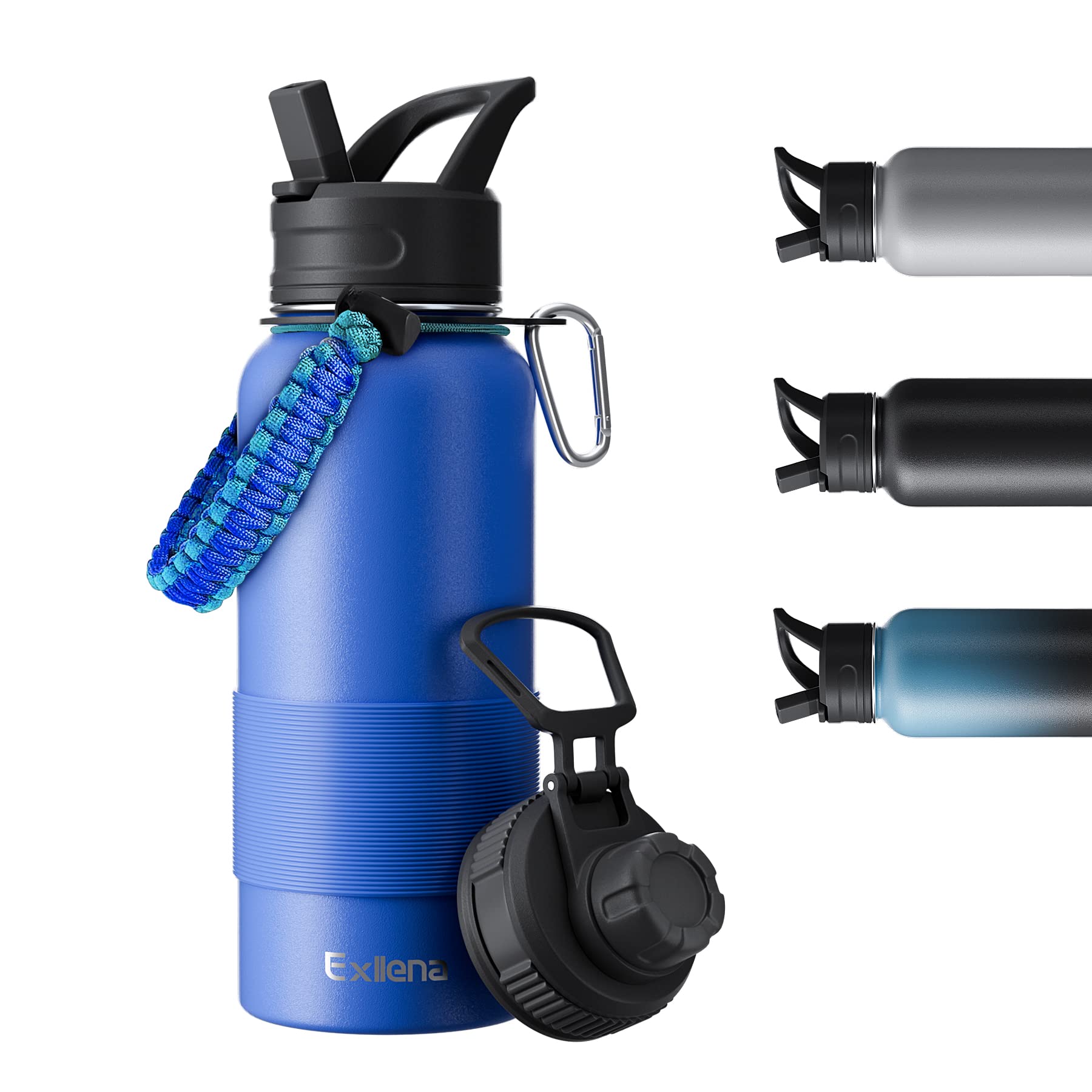 Exllena Water Bottle 1l with Two Lids, Stainless Steel Water Bottle Double Insulated with Silicone Sleeve and Paracord Handle Practical - Blue