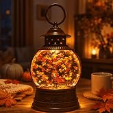 Fall Snow Globe Lantern with Swirling Maple Leaves, 9.45 Inch Autumn Water Lantern with 6 Hours Timer, USB &amp; Battery Powered Thanksgiving Tabletop Home Decor