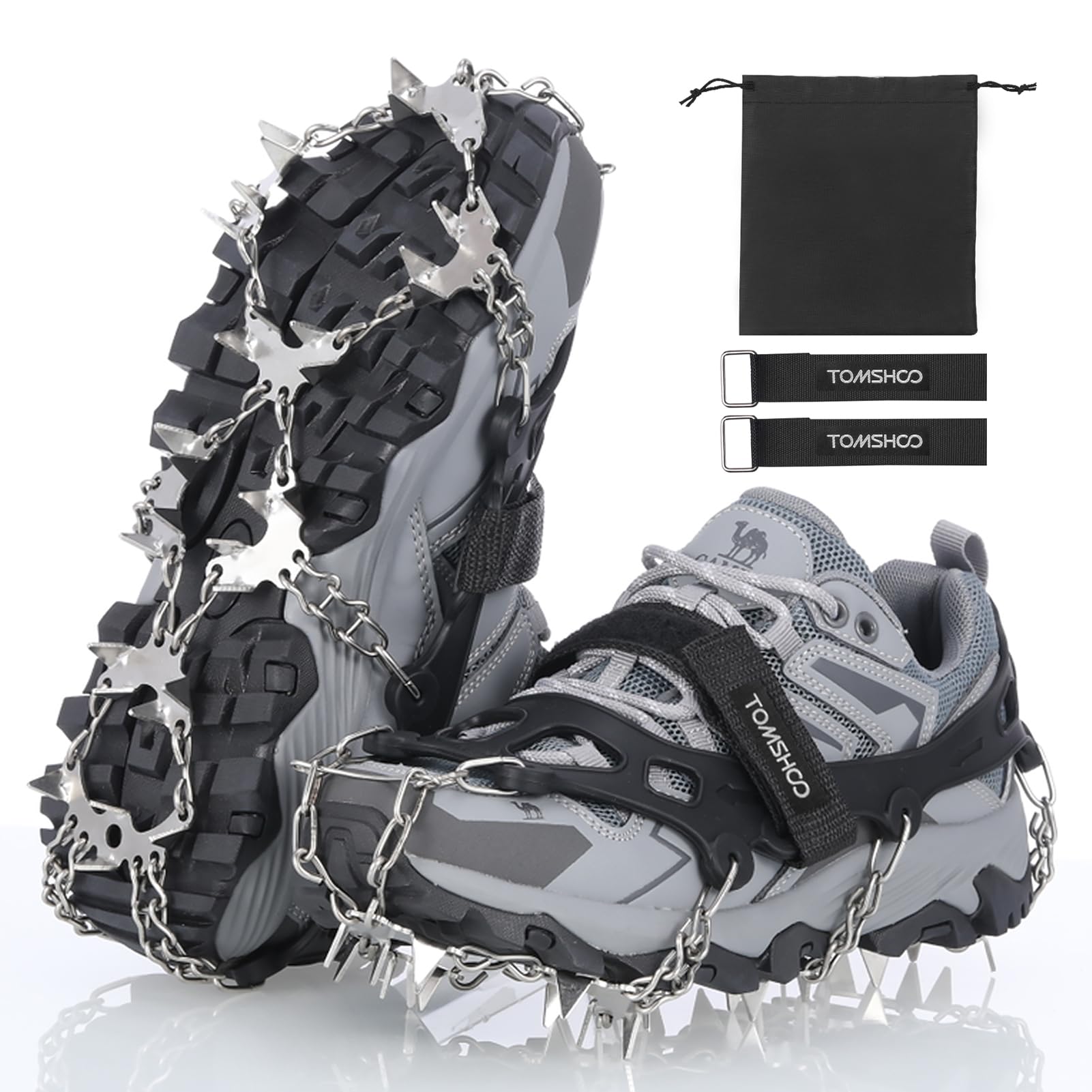 TOMSHOO 32 Spikes Crampons Anti-Skid Chains Spikes Ice Cleats Stainless Steel Traction Snow Grips Rubber Straps Universal For Snow Walking Mud Climbing Hiking