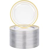 BESTVIP 100PCS 7 Inch Clear Plastic Dessert Plates, Small Disposable Salad Plate with Gold Rim, Heavy Duty Plastic Small Cakes Plates for Party, Wedding and Birthday, Events