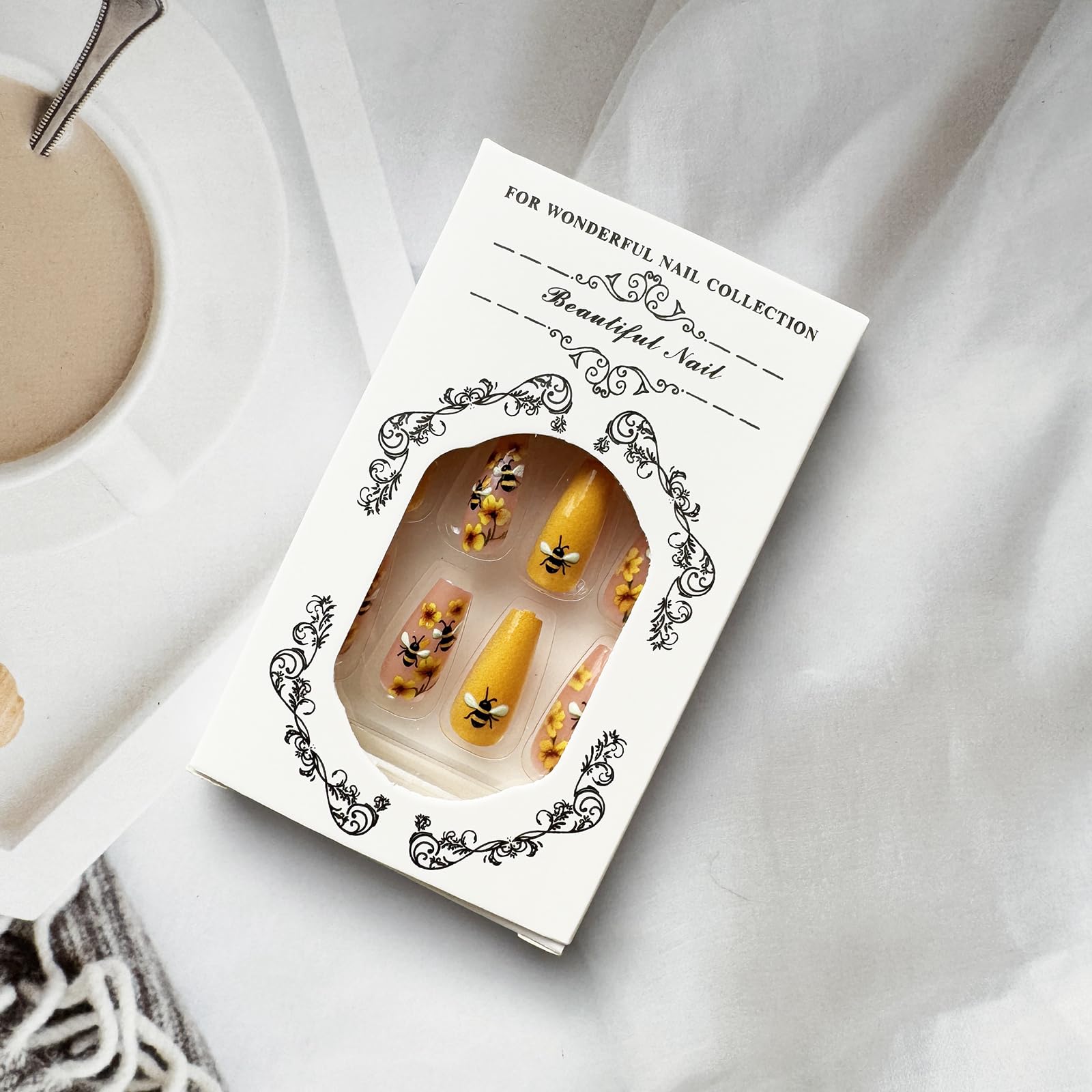 Coffin Press on Nails Yellow Fake Nails Spring Summer False Nails Medium Length Acrylic Nails Full Cover Stick on Nails with Bee Flower Design Cute Glossy Glue on Nails for Women Manicure Decoration - Image 6