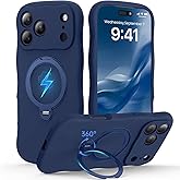 360 Spin Silicone Stand (Pro-Version) for iPhone 17 Pro Max Case: Cute Wavy [Full Camera Protection] (Fit for MagSafe) Shockproof Women Girl Phone Case for iPhone 17 Pro Max 6.9", Midnight Blue