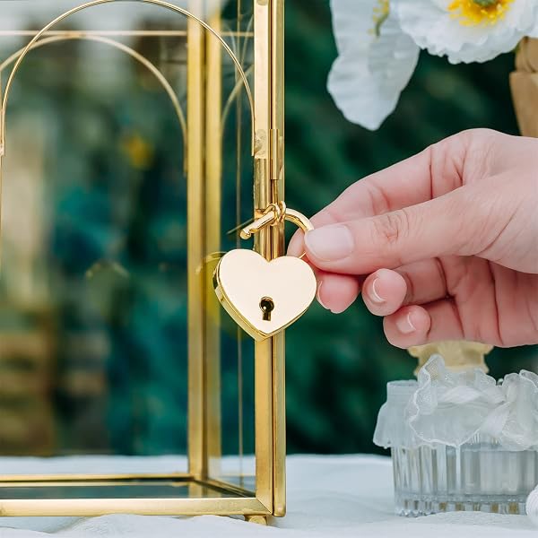 NCYP GLASS CARDS BOX WITH SLOT AND LOCK FOR WEDDING – 12.6″ X 5.9″ X 9″ GEOMETRIC VINTAGE ENVELOPS WISHWELL CARD HOLDER – TABLETOP RECEPTION, BIRTHDAY PARTY DECOR, GOLD (GLASS BOX ONLY)