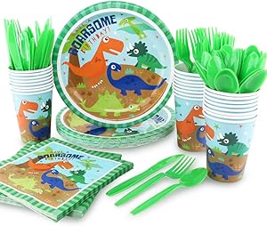 HAPYCITY 144Pack Dinosaur Party Supplies Set Serves 24 Perfect Dinosaur Birthday Packs Including Plates Napkins Cups Forks Spoons Knives
