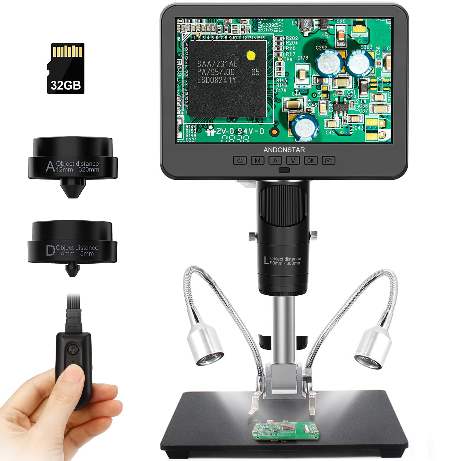 Andonstar AD246-M Digital Microscope - 3 Lens Soldering, Electronic, Coin, Biological Kit - 1080P FHD Video Record, 7 Inch LCD 500x, 32G Card