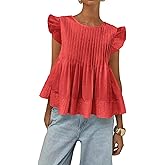 Women's Summer Blouse Ruffled Sleeves Pleated A Line Peplum Babydoll Shirt Top(red,l)