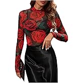 BEAUDRM Women's Rose Print Sheer Mesh Bodysuit Mock Neck Long Sleeve See Through Bodysuits