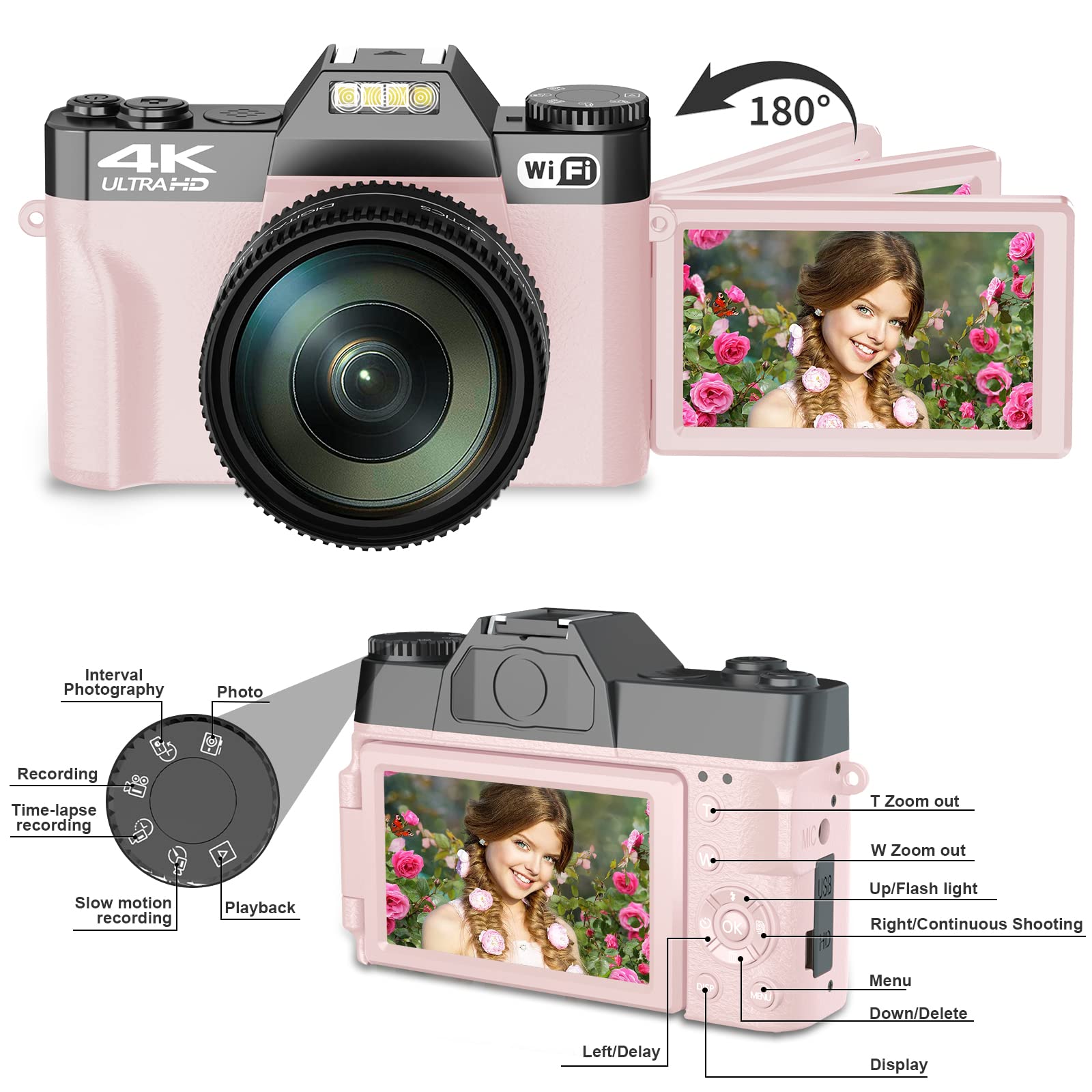 Digital Cameras for Photography, 4K 56MP Vlogging Camera for YouTube with WiFi, Manual Focus, 16X Digital Zoom, 52mm Wide Angle Lens & Macro Lens, 32GB TF Card and 2 Batteries(Pink)